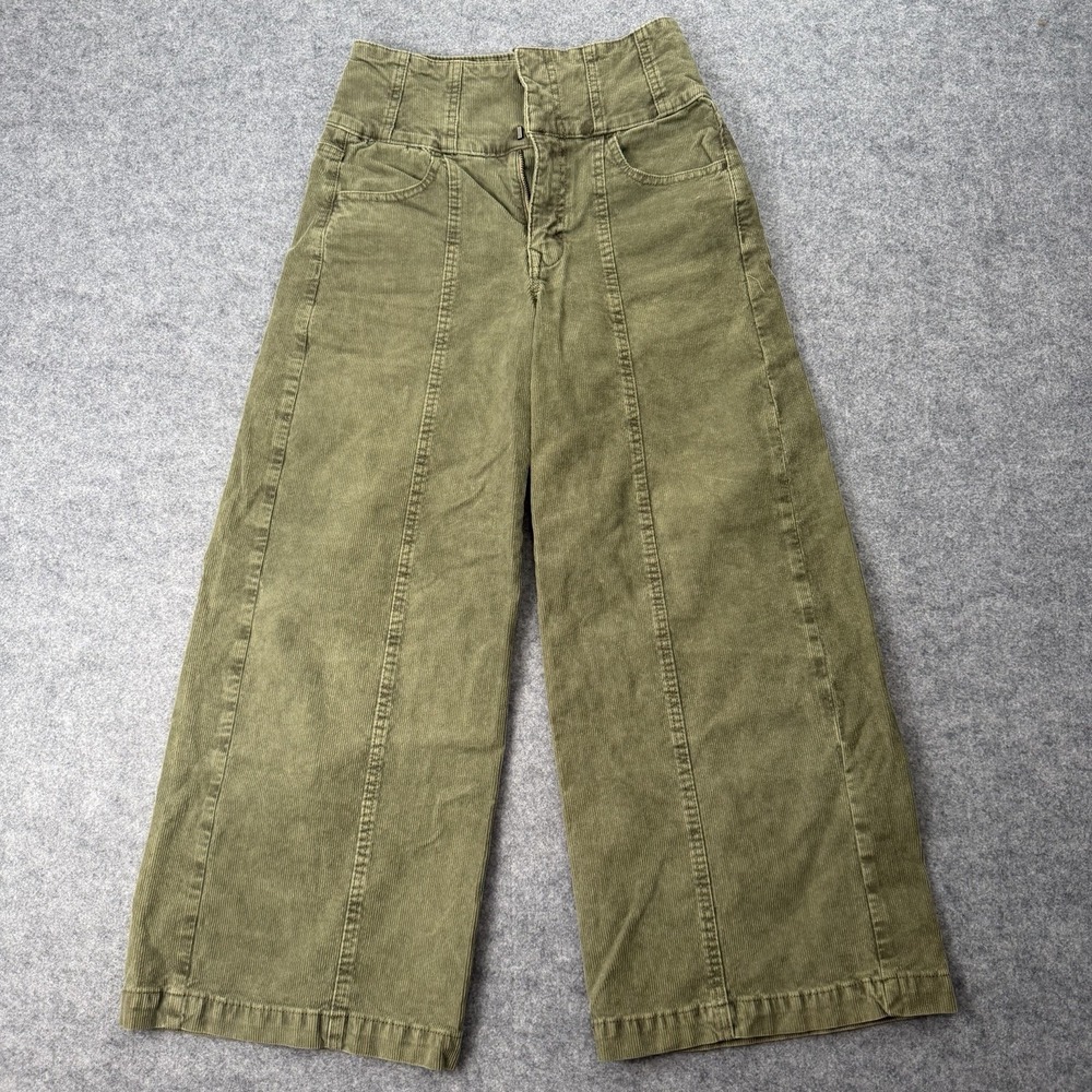 American Eagle Corduroy Pants Womens Green High Rise Wide Leg Cropped 00 28x25